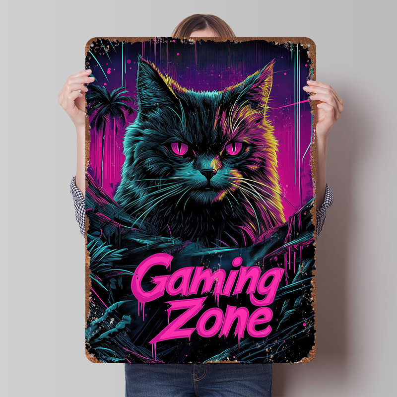 Retro Gaming At Home - โปสเตอร์โลหะลายแมวเกมเมอร์ งานศิลปะติดผนังแบบกำหนดเอง ป้ายโลหะวินเทจย้อนยุคสำหรับตกแต่งบ้าน ของตกแต่งห้อง แผ่นโลหะประดับ