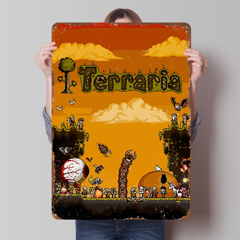 Retro Gaming At Home - โปสเตอร์พิมพ์ลายเกม Terraria Pixel Art งานศิลปะติดผนังแบบกำหนดเอง ป้ายโลหะวินเทจย้อนยุคสำหรับตกแต่งห้องเล่นเกม