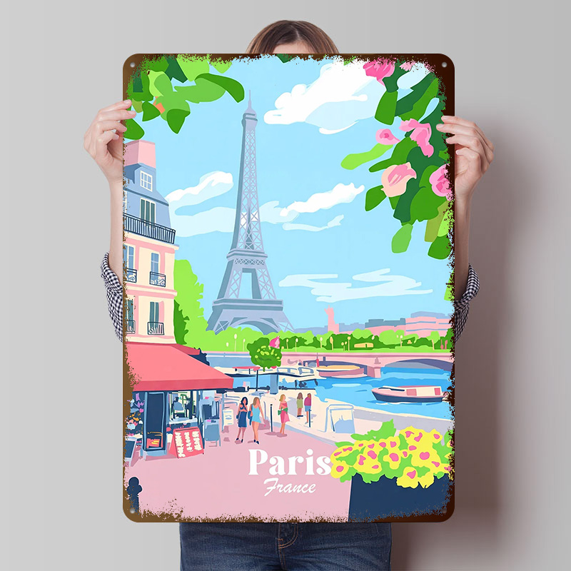 Retro Gaming Paris - ป้ายโลหะวินเทจแบบกำหนดเองลายปารีส ฝรั่งเศส สำหรับตกแต่งผนัง ตกแต่งโต๊ะทำงาน ตกแต่งห้องเกมมิ่ง ตกแต่งห้องแมนเคฟ
